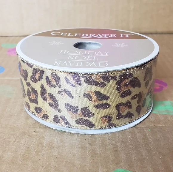 CELEBRATE IT - GOLD GLITTER LEOPARD WIRED EDGE RIBBON 1.5 INCH WIDE 10 YARDS - Picture 5 of 6